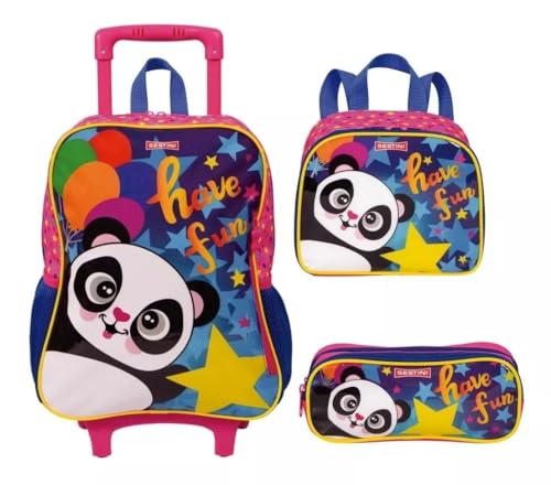 Kit Mochila Escolar Panda Padinha Rodinhas Tam G Meninas