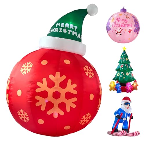 8ft Red Christmas Ball with Santa Hat Inflatable Outdoor Indoor Decor, Giant Blow Up IP44 Weatherproof Xmas Decorations for Yard, Built-in 7-Color LED Rotating Light for Gardern Lawn Winter