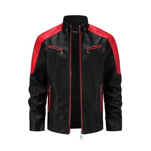 Men's Stylish Color Blocking PU Leather Jacket, Multi Zipper Design Street Style Retro Classic Motor Jacket3
