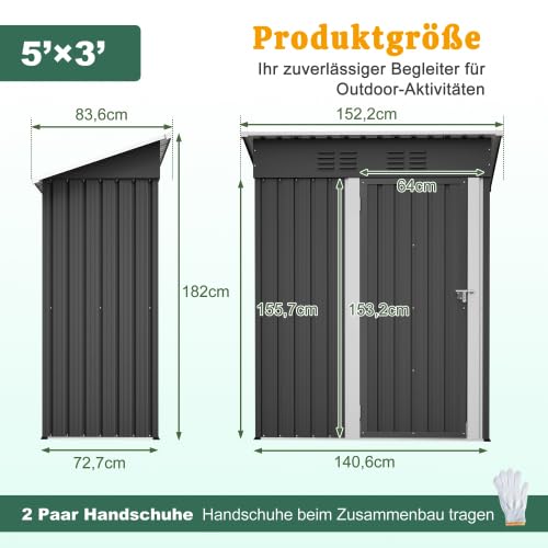 Domek ogrodowy z płaskim dachem, szopa na narzędzia 152 x 84 x 182 cm, z zamykanymi drzwiami i bez okna, przestrzeń do przechowywania 1,27 m², odporna na warunki atmosferyczne metalowa szopa na