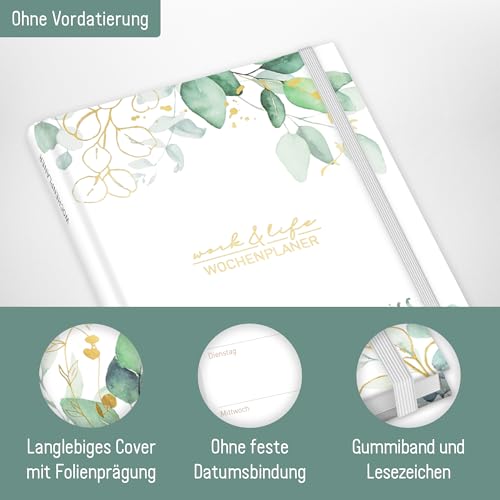 paper&you® Work & Life Wochenplaner ohne Datum A5 Blattgold undatierter Kalender zur Achtsamkeit & Selbstorganisation, Planer undatiert, Dankbarkeitstagebuch - nachhaltig & klimafreundlich
