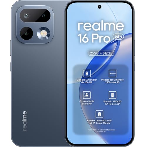 Celular Realme 16 Pro 5G | 12 GB RAM + 512 GB | Dual SIM | Dimensity 7300-Max | Cámara 200 MP | Selfie 50 MP | Pantalla AMOLED 6.78" 144Hz | Batería 6500mAh | Carga 45W | Gris