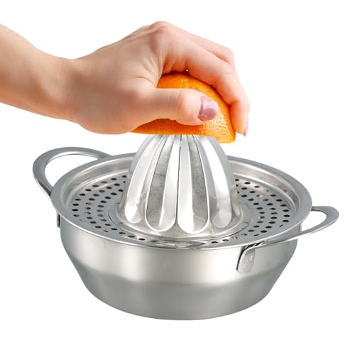 Presse Citron Manuel à Double Poignée, Presse Agrumes Inox de Haute Qualité, Presse Agrumes avec Bec Verseur pour une Séparation Facile de la Pulpe et du Jus, Facile à Nettoyer