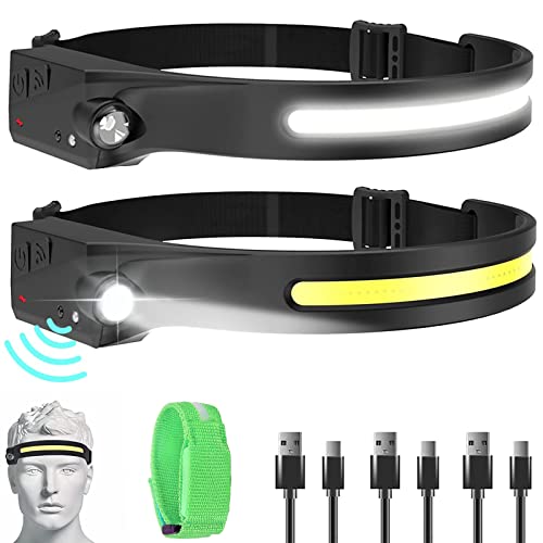 MOONELF Led Headlamp Rechargeable, Cob Pro Bright Beam Headlight for Adults, Outdoor Lamp for Head (2PACK)