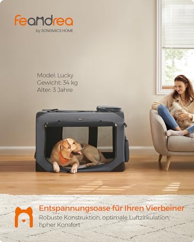 Feandrea Hundebox faltbar, Transportbox Hund, XXXL, Hundetasche, Oxford-Gewebe, Netzstoff, atmungsaktiv tragbar transportabel, Metallrahmen, mit Griffen, Taschen, 102 x 69 x 69 cm, grau PDC10G01