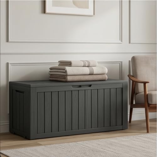 Image of The Artment Black StorraDeck 227 Ltr Wood Panel- Waterproof, UV-Resistant Resin Deck Box with Lockable Lid for Indoor & Outdoor Multipurpose Use | Durable Storage Box for Balcony, Hall, Garden & Patio