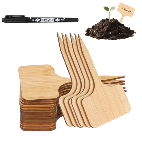 CAKKVDE 50 Bamboo Plant Labels with Marker Pen | 10x6cm T-Type Wooden Plant Tags for Outdoor Potted Plants, Seeds, Herbs & Flowers | Natural Garden Markers (50 Labels + 1 Black Oil-Based Pen)