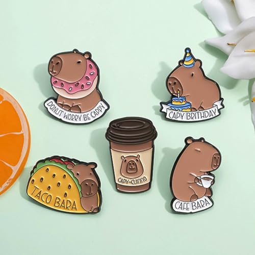 Image of 5Pcs Cartoon Capybara pin, Cute Animal Enamel Pin, Birthday Cake Donut Coffee Corn Roll Lapel Pin Alloy Backpack Pin Enamel Badge Suitable for Daily Decoration Clothes Sweater Hat Bag Collection Party Gift