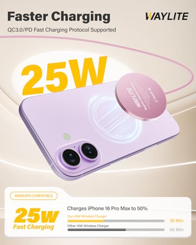 Image of 25W Wireless Charger for MagSafe, Magnetic Fast Charging Pad for iPhone 17 /16 /15 /14 /13 /12 Series&AirPods,Strong Magnet,Portable Wireless Charger for Travel Home Office (Pink, 4ft)