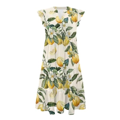 Image of Women's Casual Ruffle Sleeve Dress V Neck Pullover Dress Flowy A-Line Pleated Lightweight Dress with Pockets