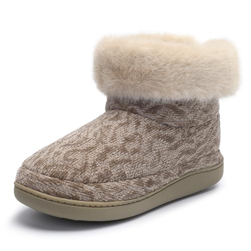 Bigwow Women's Bootie Slippers Fuzzy Lined Knit Ankle Boots Cozy House Slipper Non-Slip Warm Indoor Outdoor Booties Shoes with Plush Collar