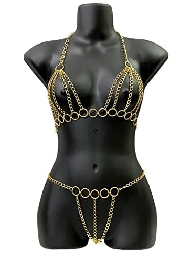 Image of Golden Body Intimate Chain for Women | Honeymoon Lingerie Set Layered Crossover Bikini Bra Body Jewelry - Adjustable Summer Beach Crystal Waist Chain