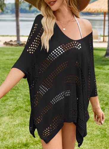 Women Bathing Suit Cover Up Summer Crochet Geometric Beach Swimsuit Coverup Mesh Knit Vacation Outfits Resort Wear3
