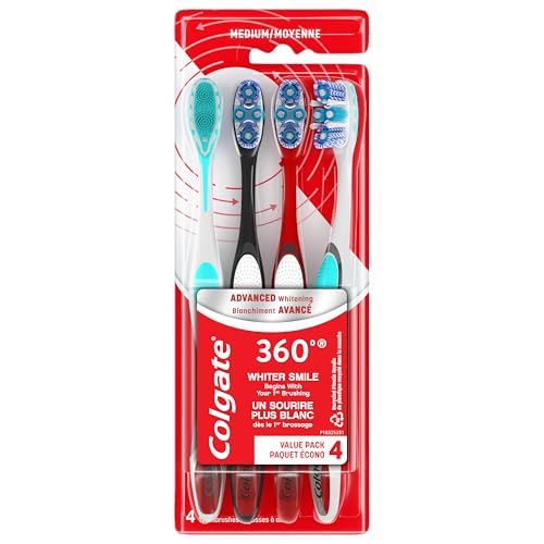 Image of Colgate 360 Advanced Whitening Medium Toothbrush Pack, 4 Adult Medium Toothbrushes with Cheek and Tongue Cleaner, Helps Clean Your Teeth, Tongue, Cheeks, and Gums, 4 Pack