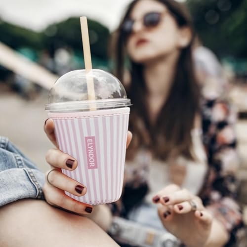 Image of Reusable Insulated Sleeve for Iced Coffee Cup, Coffee Neoprene Sleeve for Cold & Hot Drinks, Beverage Holder for Iced Coffee (Pink Stripes, Medium: 22-24oz)