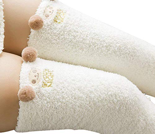Image of Wander G Womens Over Knee High Fuzzy Socks Cute Cartoon Thigh High Stockings Warm Stripe Leg Warmers