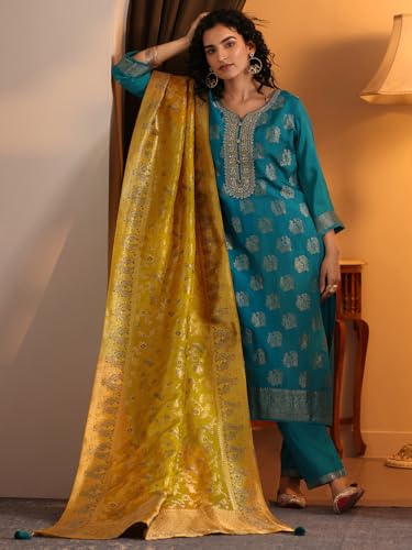 Image of Libas Woven Design Silk Blend Straight Kurta With Trousers and Dupatta