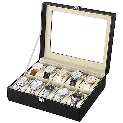 Image of SONGMICS 10-Slot Watch Box, Watch Holder with Glass Lid, Watch Case with Removable Watch Pillow, Velvet Lining, Metal Clasp, Watch Display, Synthetic Leather, Black UJWB010BE