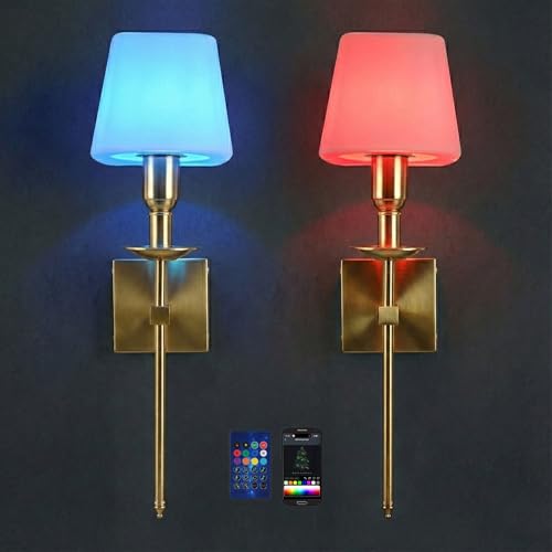 Image of Neoglint RGB Battery Operated Wall Sconces Set of 2, Wireless LED Wall Lights Indoor with App Control, Dimmable Rechargeable Gold Wall Lamps, Music Sync, Timer for Bedroom Living Room Gaming