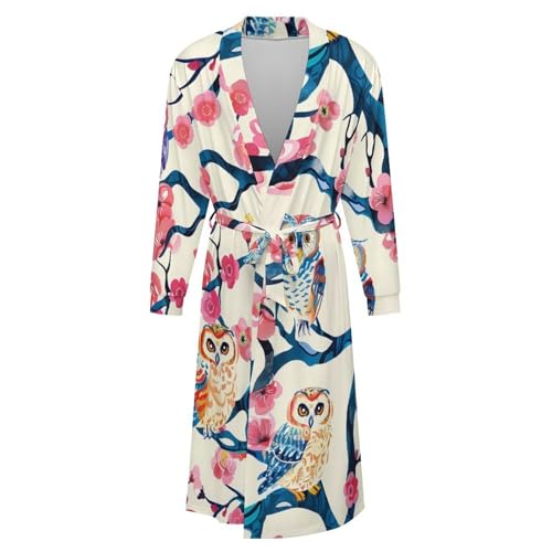 Colorful Owl Cherry Soft Robe Long Sleeve Bathrobes V Neck Sleepwear Spa Robes with Belt Men Woman4