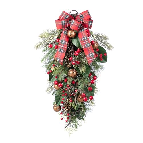 Glitzhome Christmas Teardrop Swag, 28 Inch Holiday Decor with Bells Pinecones Berries, Plaid Bow for Front Door Wall Indoor Outdoor Covered Porch