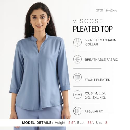 Image of SAADAA Top for Women, Viscose Pleated Tops, V-Neck with a Collar, 3 /4 Sleeve Length, Office & Casual Wear