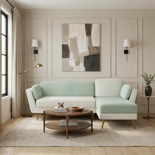 Image of Nuvola Air Premium Latex Fabric Sofa | 3, 4 & 5 Seater Options | 2 & 3-Toned Variants | Ultra-Soft Deep Seating Comfort | Modern Living Room Sofa | 3-Year Warranty (Mint Green & White, RHS, 4)