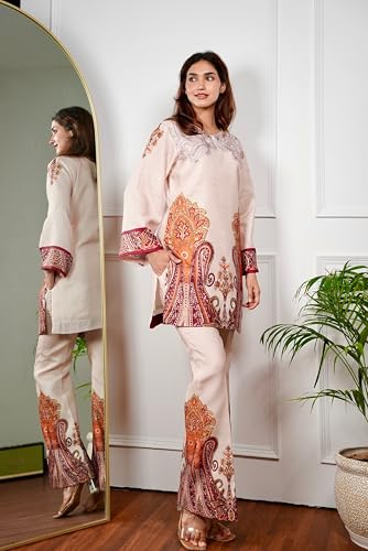 Image of GoSriKi Co Ord Set for Women Viscose Printed | Straight Kurta Palazzo Set for Woman | Round Neck Full Sleeve Ethnic Dress Stylish Coord Outfit Trendy Womens Clothing