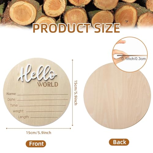 Image of Baby Announcement Sign, 5.9 Inch Wooden Hello World Newborn Signs, Birth Announcement Sign, Baby Shower Hospital Nursery for Newborn Boys and Girls (White,Pen)