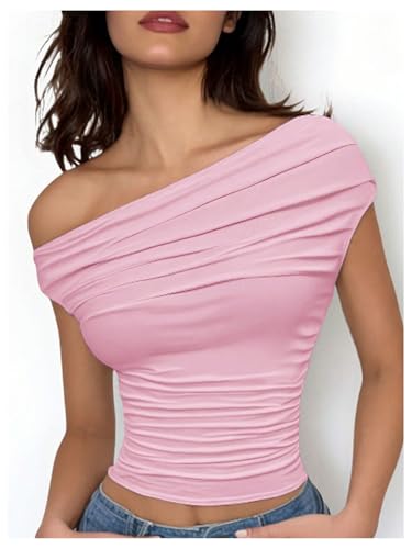 SweatyRocks Girl's Y2K Ruched Off The Shoulder Crop T Shirts Summer Short Sleeve Fitted Tees3