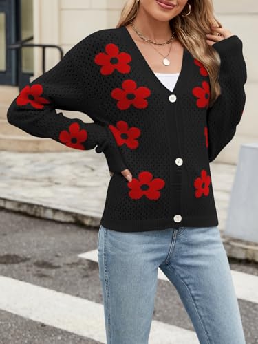 Women Crochet Cropped Cardigan Sweaters Lightweight Button Down V Neck Cardigan Flower Knit Open Front Cute Outfits Fall3