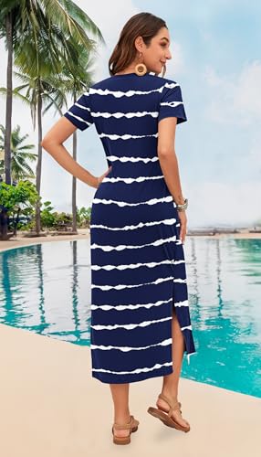 Image of MISFAY Womens Maxi Dress Short Sleeve V Neck Loose with Pockets | Soft stretchy breathable, v neck loose fit, side split hem, two side pockets, casual daily beach vacation travel dress