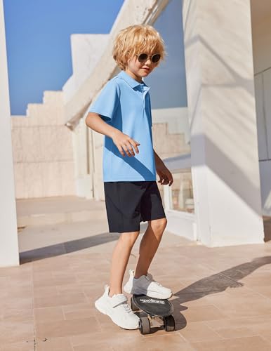 Arshiner Jungen Poloshirt Kurzarm Schuluniformen Kinder Weiches Elastisches Polohemd mit Knopfleiste & Brusttasche, Herbst Oberteil Hellblau,10-11 Jahre