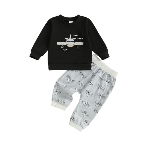 Toddler Infant Baby Boy Fall Outfit Airplane Pilot Long Sleeve Sweatshirt Tops Pants Set 2Pcs Planet Clothes Set