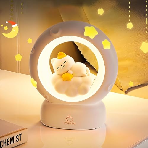 Image of Glass Space Kitty LED Night Light for Kids, Nursery Night Light, Table Lamp, Animal Kitty Bedside Decor Lamp with Dimmable for Gifts for Girls Baby Cat Lovers (Cat), White & Yellow