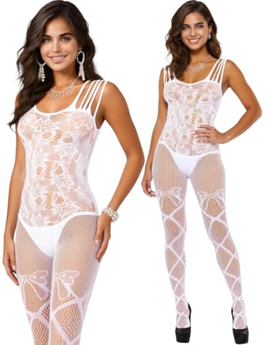 Image of ToBeInStyle Women's Assorted Bodystocking Sheer Opaque or Fishnet Crotchless Lingerie Bodysuit