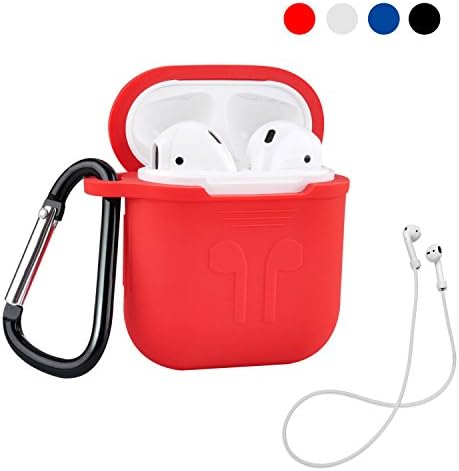 Airpods Case Holder Skin, Waterproof Protective Shock Silicone Charging Cover with Anti-Lost Strap and Keychain for Apple Airpod (Red)