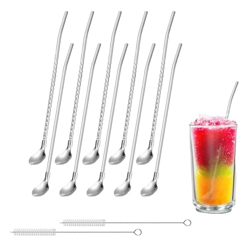 12-Piece Stainless Steel Drinking Straw & Spoon Set, Slushie Straws, Slush Straws, Metal Straws, Stainless Steel, Straw with Spoon, for Smoothies, Milkshakes & Coffee Stirrer (Silver)