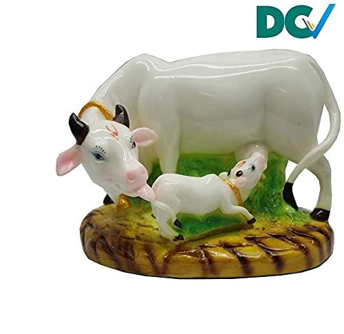 Dcv Decorative Marble Dust/Polyresin Cow And Calf Showpiece Idols And Figurines For Spiritual Vastu Nandi Pooja (5X3X3Inch) (White) #TOP1