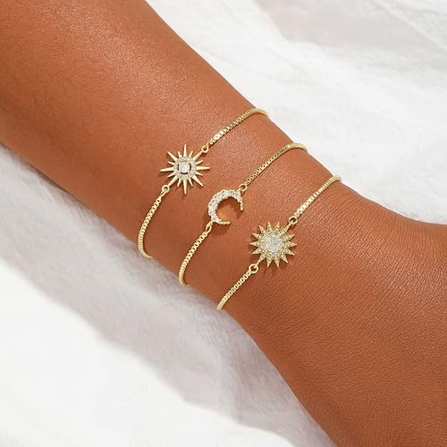 Dainty Bracelets for Women, 14k Gold Plated/Silver Layered Charms Bracelet Herringbone Satellite Beads Box Rope CZ Bracelet Adjustable Cuba Link Chain Bracelet Set Jewelry Gifts2