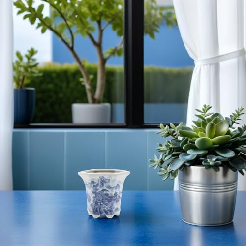Pot de fleurs porcelaine bleu et blanc 9cm avec drainage pour succulente