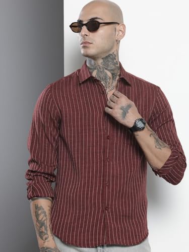 Image of The Indian Garage Co Men Slim Fit Striped Full Sleeves Cutaway Collar Casual Shirt
