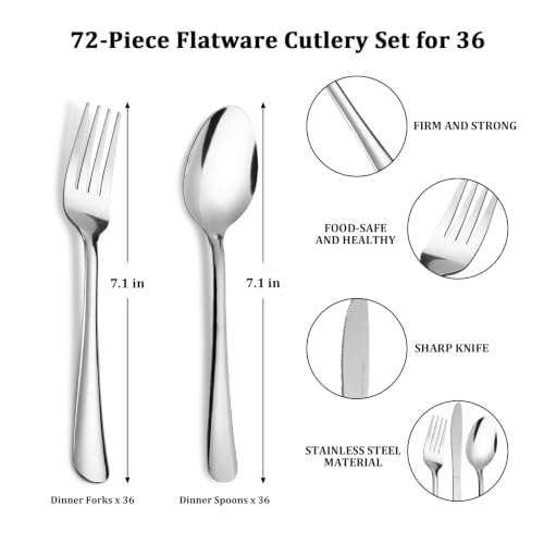 Image of Forks and Spoons Silverware Set-72PCS Dinner Forks & Dinner Spoons | 36 Forks and 36 Spoons Food Grade Stainless Steel Flatware Cutlery Set for Home, Kitchen and Restaurant, Dishwasher Safe