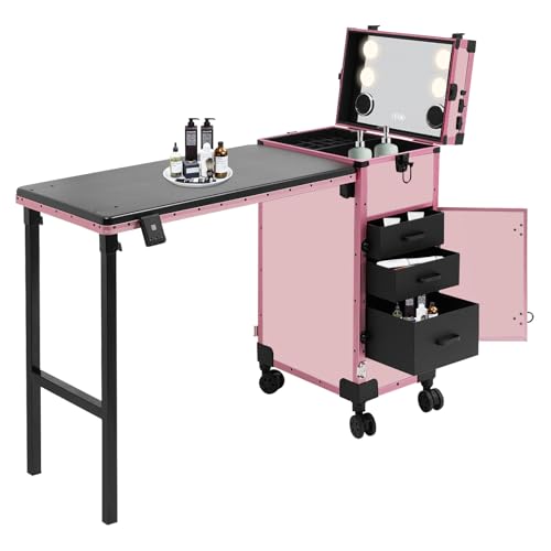 LXYIUTRW Bepritm Rolling Manicure Table Makeup Train Case, Portable Nail Tables with LED light & Mirror, Travel Cosmetic Trolley Storage Organizer for Beauty Salon Barbershop Manicurist (Pink StyleB)