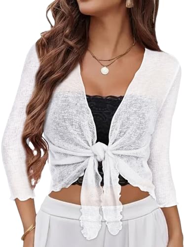 Image of Women Crop Cardigan Sheer Mesh Bolero Shrug for Dress Tie Front 3 /4 Sleeve Tops