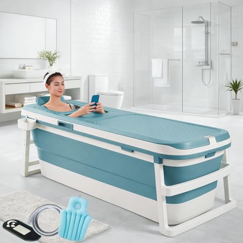 Image of Large Bathtub for Adults 6 Feet Foldable bath tub for bathroom with Temperature Meter and bath pillow 132Lx62Wx52H CM Hot and ice spa bathtub for home Portable adult-Blue