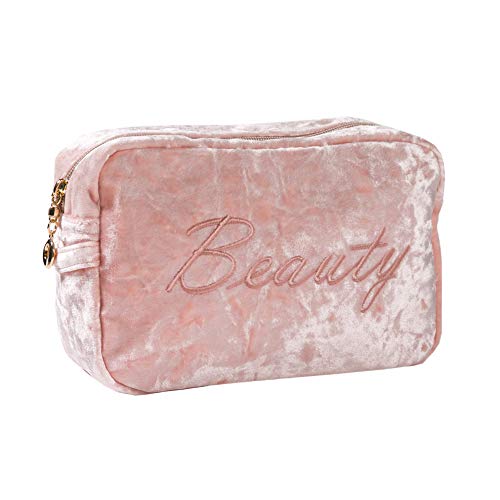 HOYOFO Makeup Bag for Women Girls Velvet Cosmetic Bags Zipper Makeup Pouch for Purse Travel Size Toiltery Bag, Pink