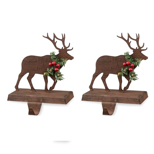 Glitzhome Reindeer Christmas Stocking Holder, Set of 2 Rustic Brown Distressed Wood and Metal Mantel Decor with Green Garland & Red Berries Holiday Fireplace Sock Hangers, 6.5 Inch by Glitzhome - Used condition - US$9.66
