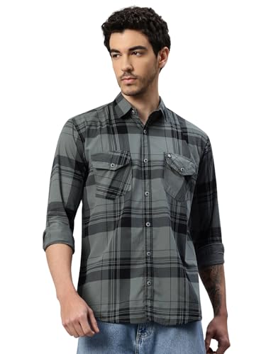 Image of Majestic Man Men's Pure Cotton Cargo Checks Shirt with Dual Flap Pockets - Slim Fit | Full Sleeve | Casual Wear | Trendy & Comfortable