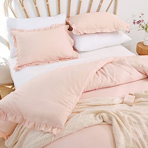 Smoofy Blush Ruffle Comforter Set Full Size, 3 Pcs Pink Boho Vintage Shabby Chic Bedding Set, Soft Fluffy Microfiber Comforter Set For All Season #TOP3